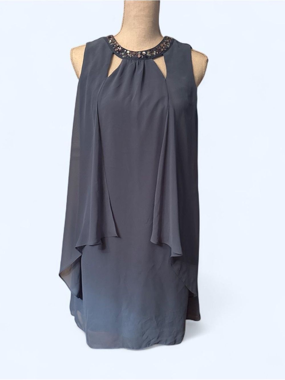 SL Fashions Embellished Neck Sleeveless Shift Dress - Gray